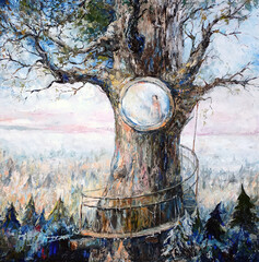Refuge in a tree house, oil painting fantasy