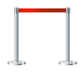 Retractable belt rack. Portable tape barrier. Red tape for fencing. Red carpet with red ropes on silver supports. Exclusive event, movie premiere, gala concert, awards ceremony.