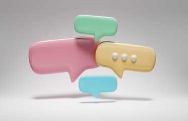 Minimalist colorful speech bubbles talk icons floating over white background. Modern conversation or social media messages with shadow. 3D rendering