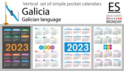 Galician vertical pocket calendar for 2023. Week starts Monday