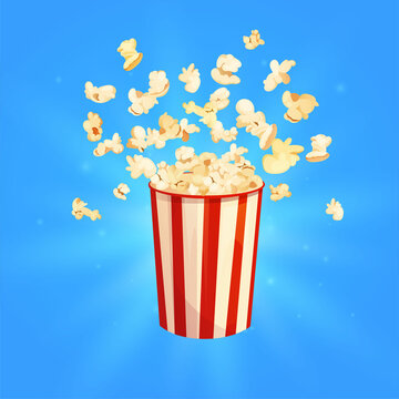 Flying popcorn in striped red box. Cartoon vector illustration.