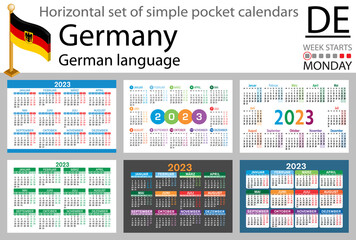 German horizontal pocket calendar for 2023. Week starts Monday
