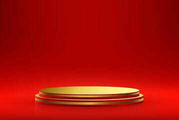 Red vector podium with golden border for presentations on abstract red background