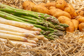 Green and white asparagus and potatoes on straw