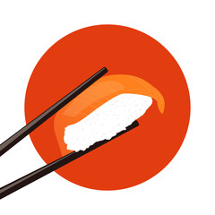 Vector Icon Illustration Style Logo of Asian Street Fast Food Bar or Shop, Sushi, Maki, Nigiri Salmon Roll with Chopsticks, Isolated Minimalistic Object
