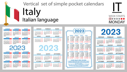 Italian vertical pocket calendar for 2023. Week starts Monday