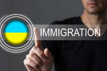 flag of ukraine and the inscription immigration, virtual button