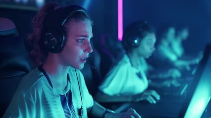 Focused team of gamers in headphones, plays a video game, cyber sportsmans at the international competition game, tense moment, the team won the round, the emotions of victory.