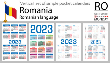 Romanian vertical pocket calendar for 2023. Week starts Monday
