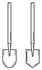 Hand drawn set of two shovels. Tool used in gardening and hiking. Doodle style. Vector.