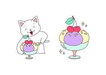 Happy cat with an ice cream. Illustration of a happy white cat with a big cup of ice cream decorated with cherries. Vector 10 EPS.
