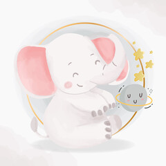 Little king baby elephant playing with moon and star. Nursery Watercolor wild forest animal