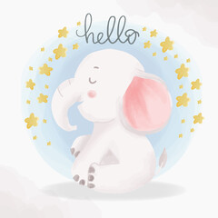 Little king baby elephant playing with star. Nursery Watercolor wild animal sleeping say hello