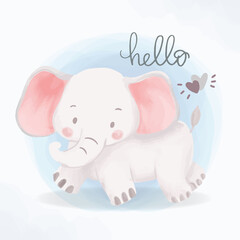 Little cute baby elephant playing and running. Nursery Watercolor wild animal sleeping say hello