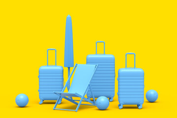 Suitcase with beach ball, umbrella and chair on monochrome yellow background