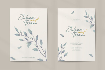 Double side wedding invitation template with leaves watercolor ornaments