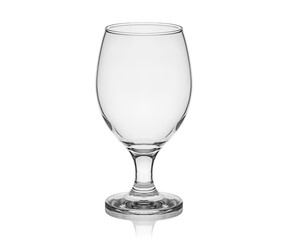 Empty transparent glass cup, shot glass, glass for wine, whiskey, cognac, martini, beer, juice and other drinks, isolated on white background. Dishes for bar, restaurant, pub.