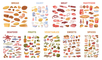 Set of food, isolated butchery and grocery products. Vector in flat style, bread pastry and dairy, meat and fast-food, seafood and fruits, vegetables and sweets spices, fastfood and takeaway snacks - obrazy, fototapety, plakaty