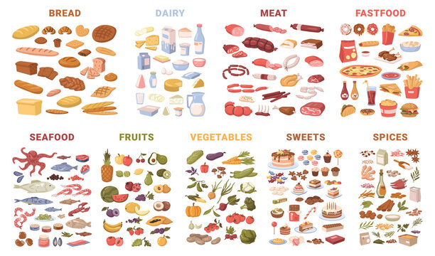 Set of food, isolated butchery and grocery products. Vector in flat style, bread pastry and dairy, meat and fast-food, seafood and fruits, vegetables and sweets spices, fastfood and takeaway snacks