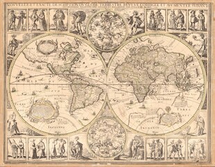 Antique World Map in Hemispheres 1645. Raster vintage illustration. - obrazy, fototapety, plakaty