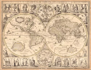 Foto op Plexiglas Antieke wereldkaart in hemisferen 1645. Raster vintage illustratie. © eestingnef