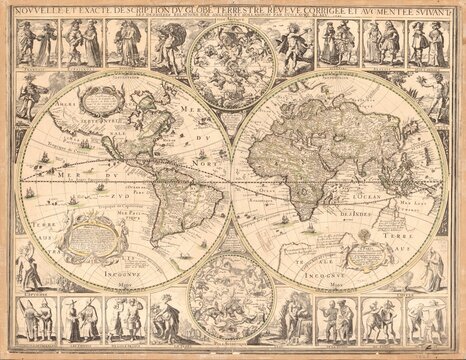 Fototapeta Antique World Map in Hemispheres 1645. Raster vintage illustration.