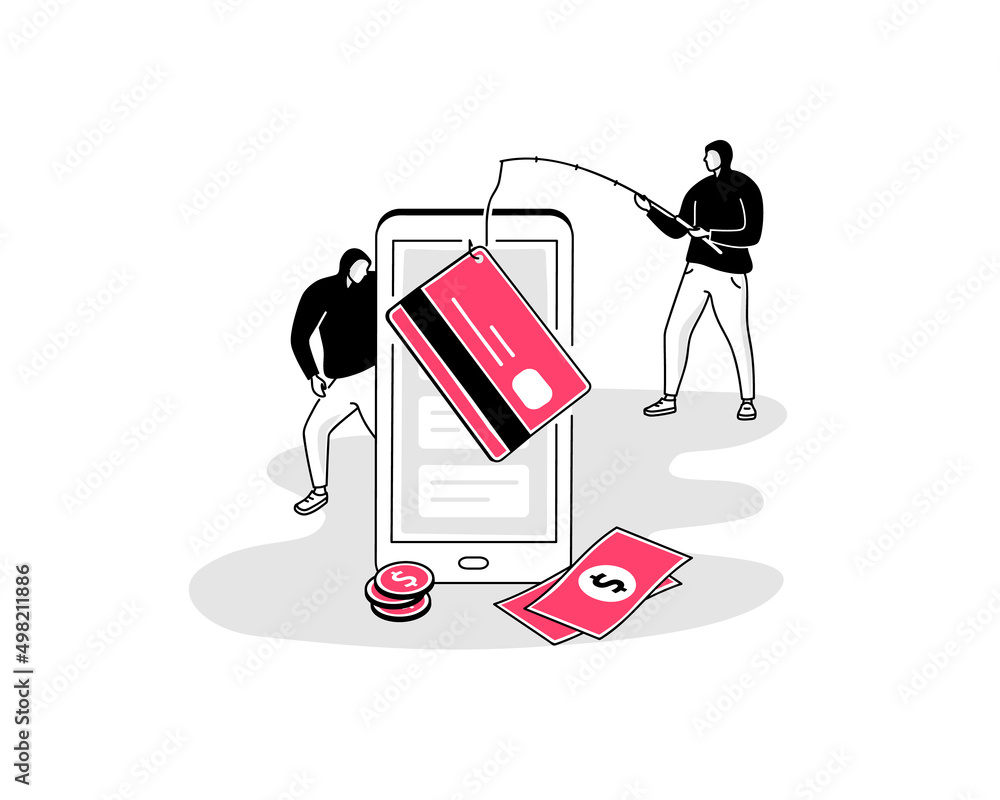 Fototapete illustration of credit card fraud symbol with a smartphone and two hackers. easy to use for your web