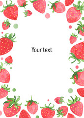 Juicy strawberry watercolor design elements frame and wreath. Bright red berries cute strawberry. Summer botanical illustration. For packages, cards, logo. Summer sweet berries. Isolated on white