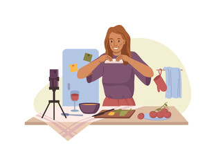 Chef making shooting video for cooking blog, preparing food and sharing recipes for followers. Vector flat cartoon character taking pictures of dishes, female personage with ingredients for meal