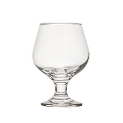 Empty transparent glass cup, shot glass, glass for wine, whiskey, cognac, martini, beer, juice and other drinks, isolated on white background. Dishes for bar, restaurant, pub.