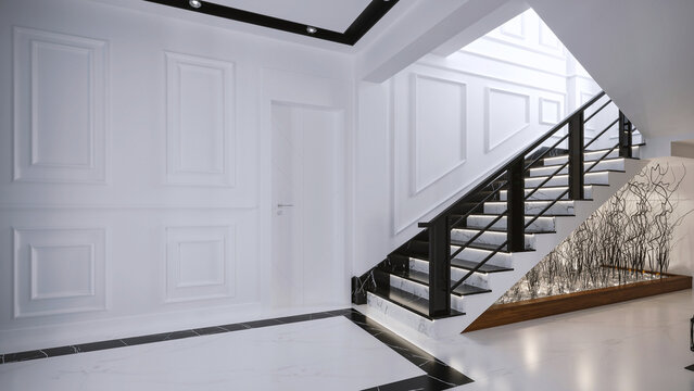 staircase in a house, villa interior stairs and decorative slats on the wall, 3d render images, black and white textured staircase design, 