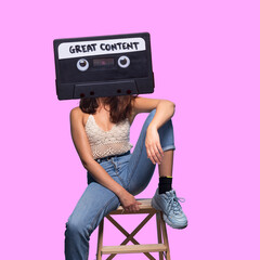 Retro cassette tape collage woman head, great podcast content, cool stereo tape head collage