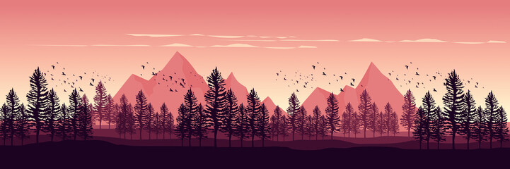 sunset view mountain landscape flat design vector illustration good for wallpaper, game art, tourism design, background template, backdrop design, and design template