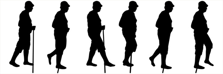 A group of tourists with walking sticks in their hands are walking. Tourists go in one line, one after another. Tourist in shorts, cap. Hiking tourist. Black female silhouettes are isolated on white.
