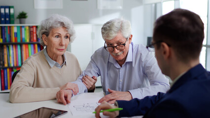 Back view of insurance agent advise aged couple