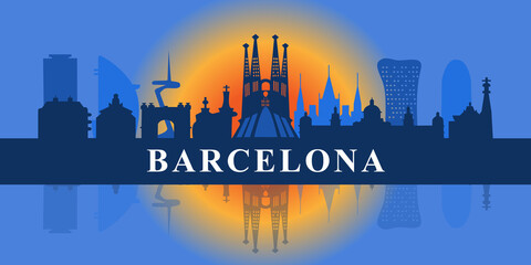Famous city skyline of Barcelona. Flat well-known silhouettes. Vector illustration.