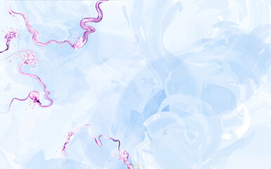 Marble surface. Mint color texture and paint splash.Fresh blue watercolor background with splatters and spot .Spring wedding invitation.