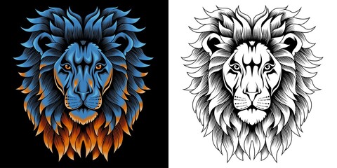 wild lion head vector illustration in neon color style