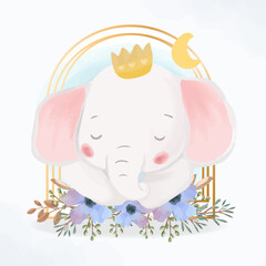 Little king baby elephant sleeping in flower bed. Nursery Watercolour wild animal rest with moon.