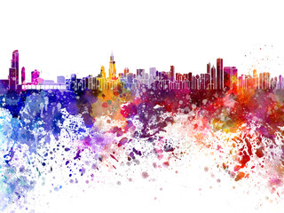 Chicago skyline in watercolor on white background