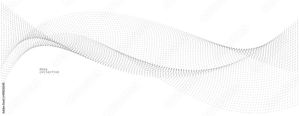 Poster light grey abstract background, vector wave of flowing particles, curvy lines of dots in motion, tec