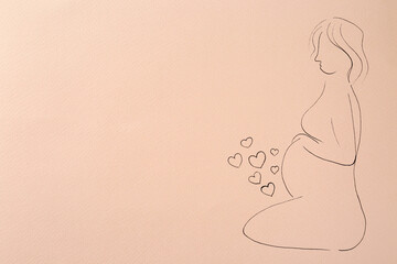 Pregnant woman figure drawn on pale pink background, top view with space for text. Surrogacy concept
