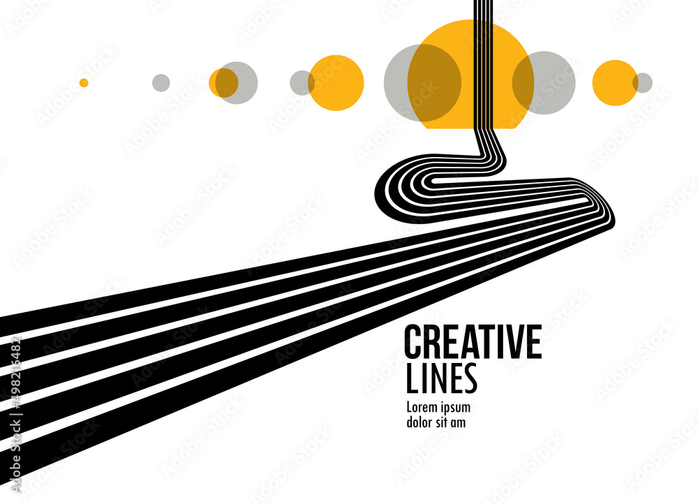 Aufkleber 3d black and white lines in perspective with yellow elements abstract vector background, linear pers