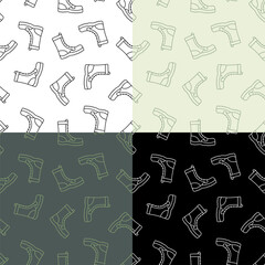 set of seamless patterns with soldier high boots with lace. Military and tourist protective uniforms. Ornament for decoration and printing on fabric. Design element. Vector