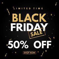 50 percent price off icon or label. Black Friday Sale banner. Discount badge design.Black Friday Super Discount and Price Reduction. 50% off black Friday white and gold on black background sale ticket