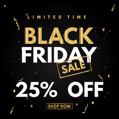 25 percent price off icon or label. Black Friday Sale banner. Discount badge design.Black Friday Super Discount and Price Reduction. 25% off black Friday white and gold on black background sale ticket