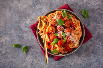 spaghetti with meatballs and tomato sauce, italian pasta