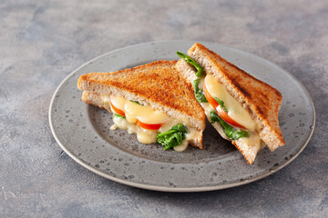 grilled cheese spinach and tomato sandwich on concrete background