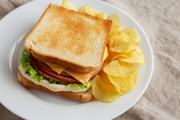 Homemade Fried Bologna and Cheese Sandwich with Chips on a Plate, side view. Space for text.
