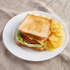 Homemade Fried Bologna and Cheese Sandwich with Chips on a Plate, side view.